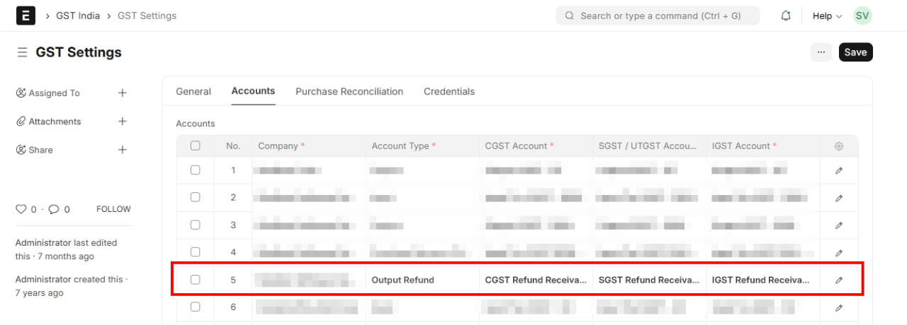 Output Refund Accounts in GST Settings