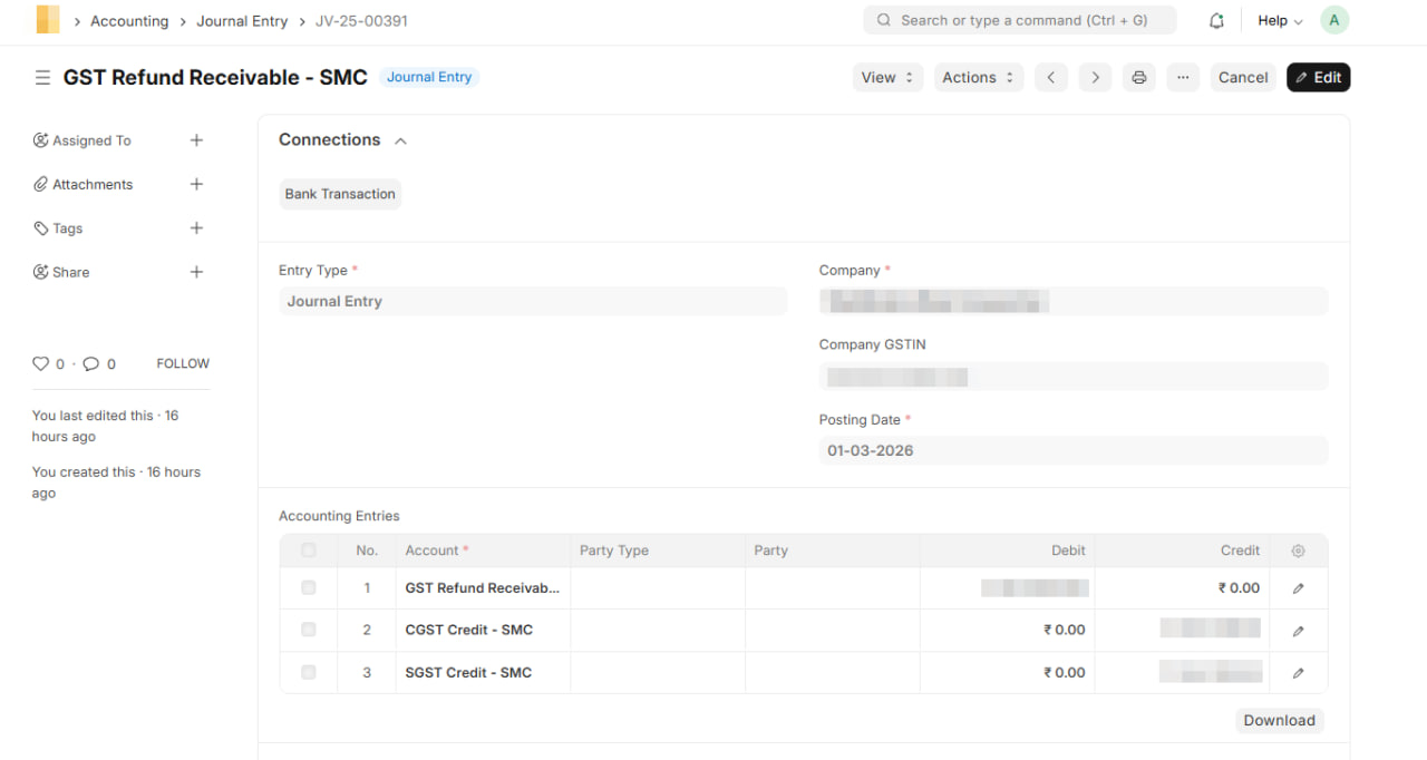 Transfer Credit to Refund Receivable
