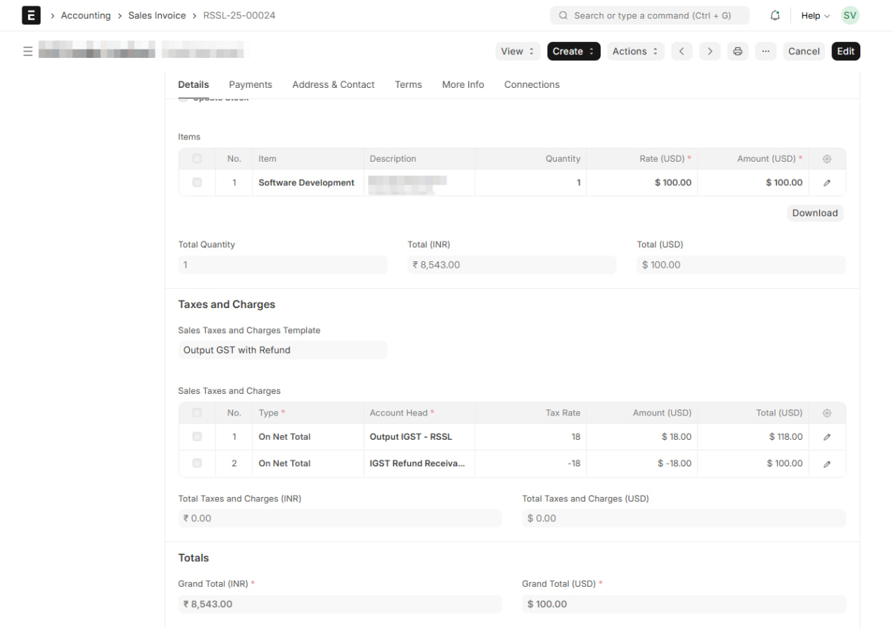 Sales Invoice with Refund Receivable